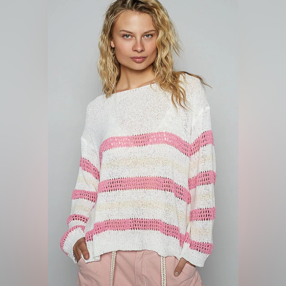 Boutique: POL Women's Sweater in White and Pink -candy ribbons